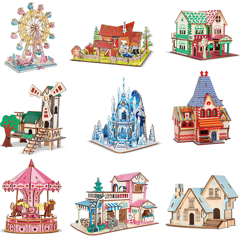 

Wooden Model House Kits 3D Puzzle Wooden House Model Parent Child Interaction Creative DIY Children's Ferris Wheel Toys LAZ