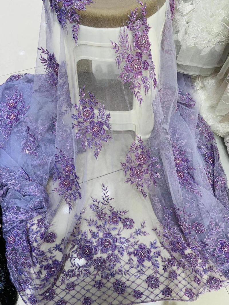 

2021 purpule top quality handmade embroidered net lace fabric with 3Dflower RITA-5601beaded african tulle lac party dress fabric