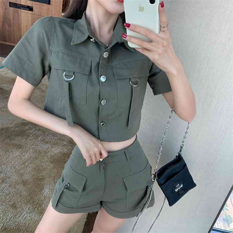 

Safari style Women' Set Summer Lapel Short-sleeved Crop Top + High-waist Shorts Tooling Two-piece sets Female 210602, Army green