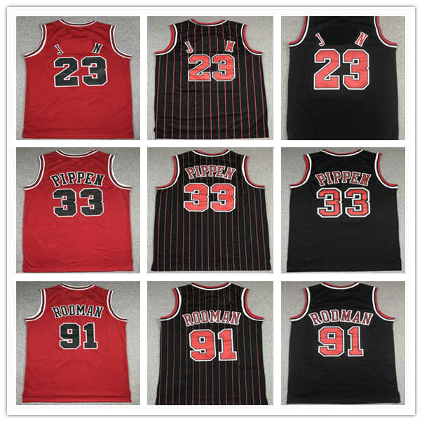 

Mitchell and Ness Basketball Scottie Pippen Jersey 33 Dennis Rodman 91 Michael 23 Team Red White Stripe Black Vintage High Quality