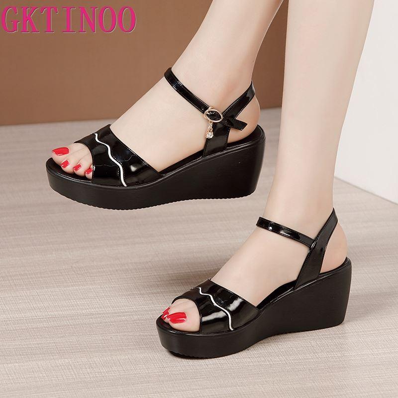 

Dress Shoes GKTINOO Platform Summer Thick Bottom Wedges Sandals 2021 Casual Patent Leather Woman 6cm 11cm Heel Big Size 33-43, 6276 black 6cm
