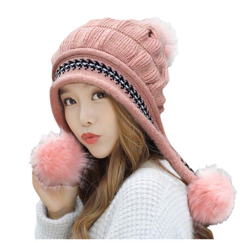 

Beanies Women Keep Warm Winter Hats Knitted Wool Hemming Hat With Hair Ball Fashion Windproof Soft Knit Crochet Elegant
