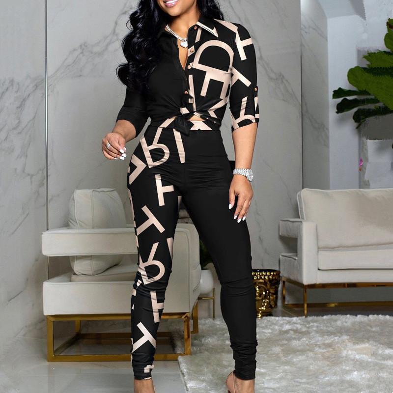 

Women' Two Piece Pants 2021 Fashion Women Chic Set Outfits Letter Print Colorblock Knot Front Buttoned Top & High Waist, A1
