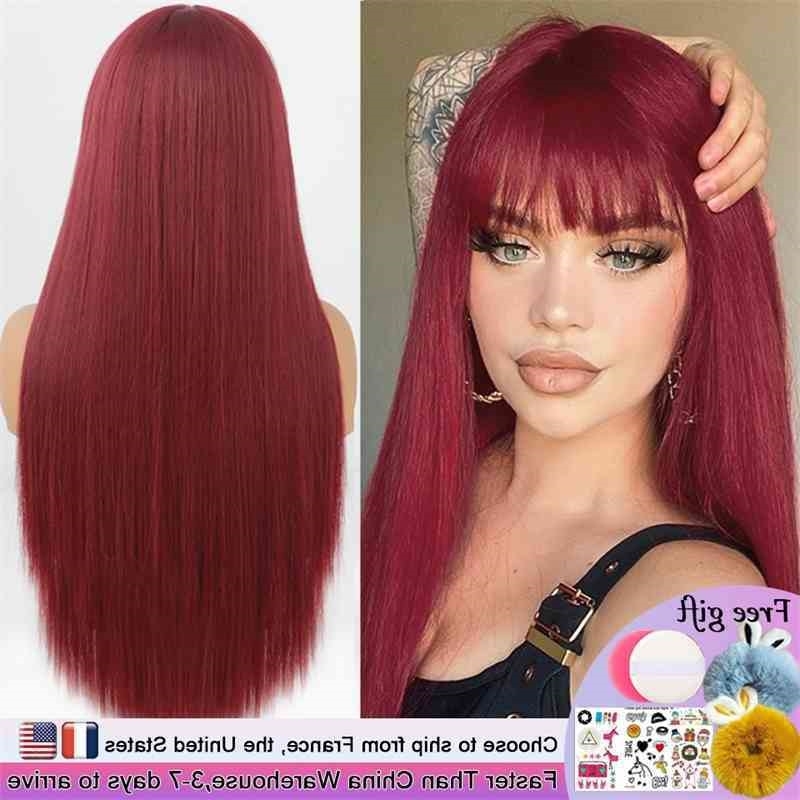 

Synthetic Long Straight Bangs Hair s Bang With For Women Wine Red Heat Resistant Wigs, 613