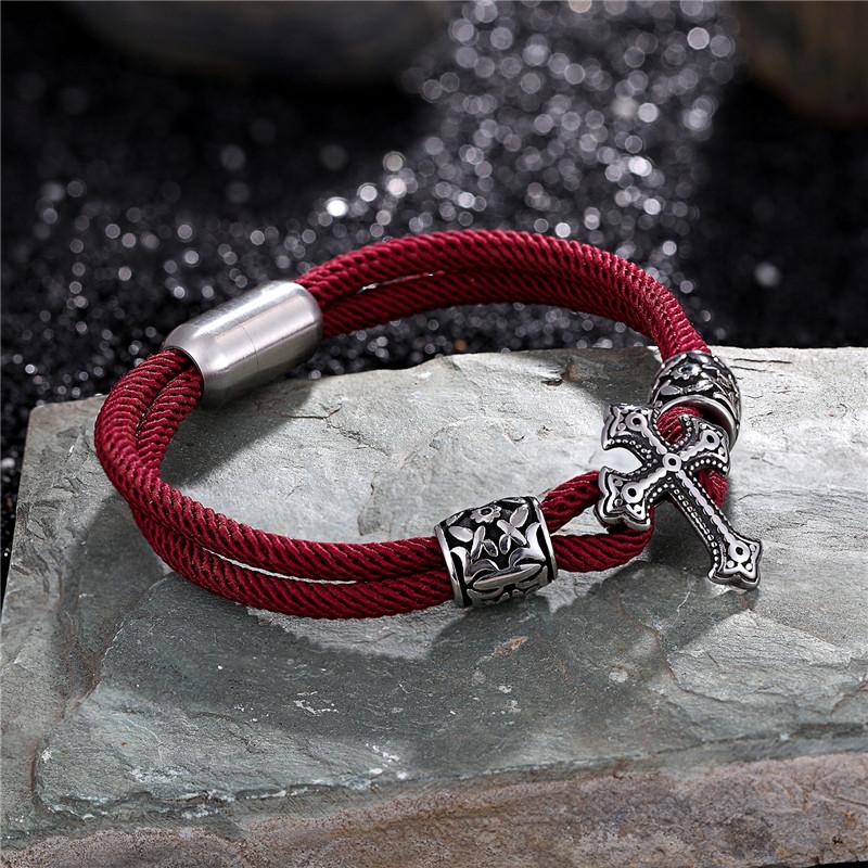 

Charm Bracelets MKENDN Punk Men Outdoor Camping Rope Bracelet For Women Corss Stainless Steel Sport Buckle