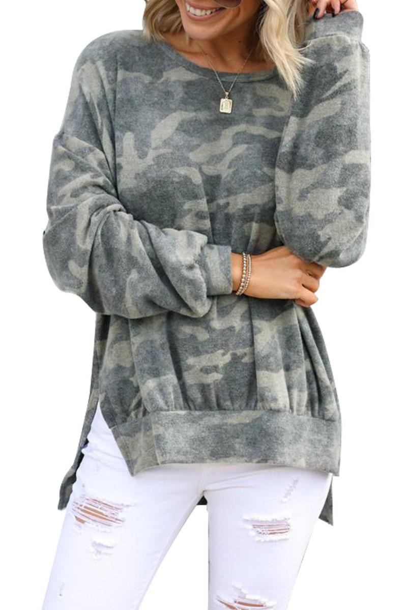 

Women' Hoodies & Sweatshirts Gray High-low Edge Camo Print Sweatshirt Women O Neck Long Sleeve Autumn Spring Plus Size -2XL Tops