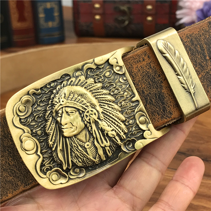 

2021 New Chief Cowboy Brass Buckle Jeans Retro Yellow Belts Leather Metal Wide Waist Belt Men Ceinture Mbt0070 Ln6c, Black