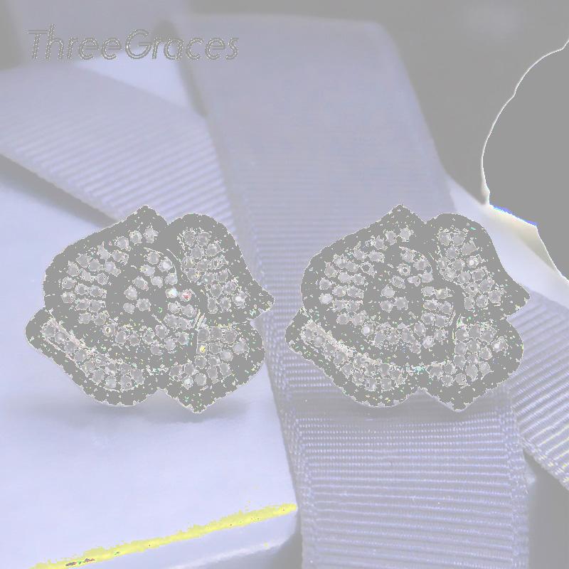 

Stud ThreeGraces Big Geometric Rose Flower Luxury White And Black CZ Stone Silver Color Earrings Women Jewelry ER138, Golden;silver