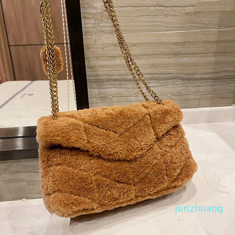 

Designer- Puffer Shearling Fur Lambswool Bags Classic Flap Messenger Envelope Large Capacity Gold Hardware Chain Cross body Shoulder Handbag, Black
