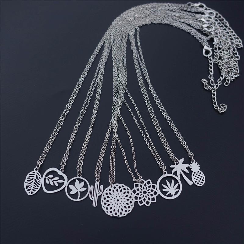 

Pendant Necklaces Plant Necklace Stainless Steel Leaf Pineapple Cactus Coconut Tree Lotus Choker Jewelry 12 Pcs Mix Chain