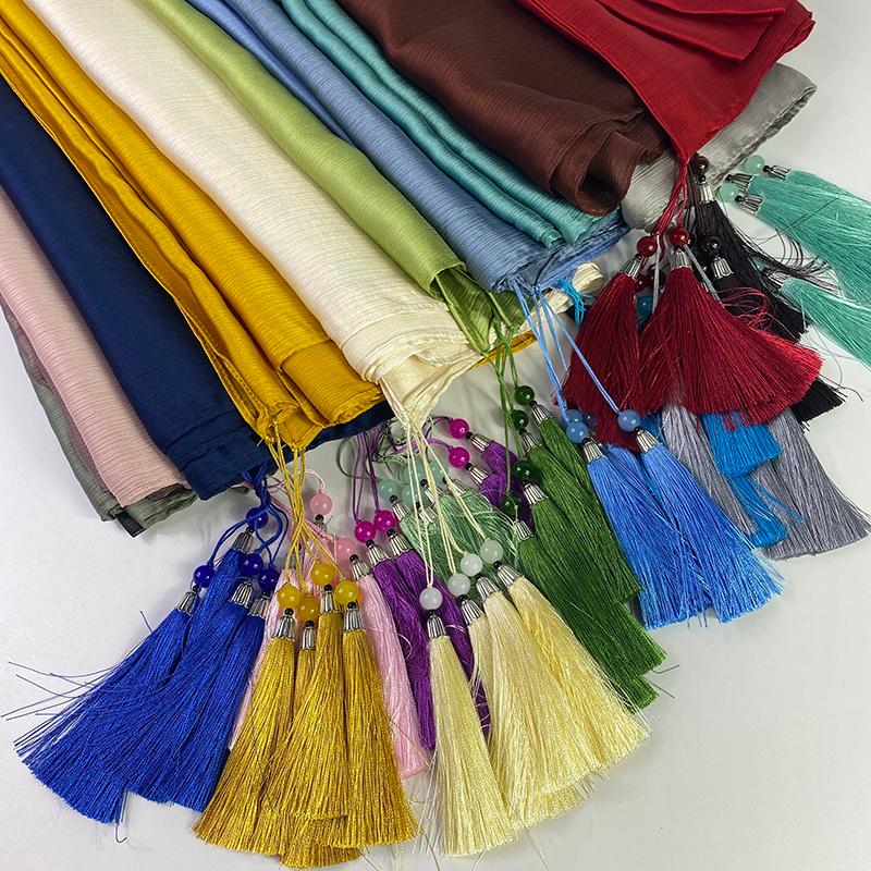 

Scarves 10pc/lot TASSEL BEADS CRINKLED SATIN SILK HIJABS WOMEN LONG SOLIDER COLOR PLAIN