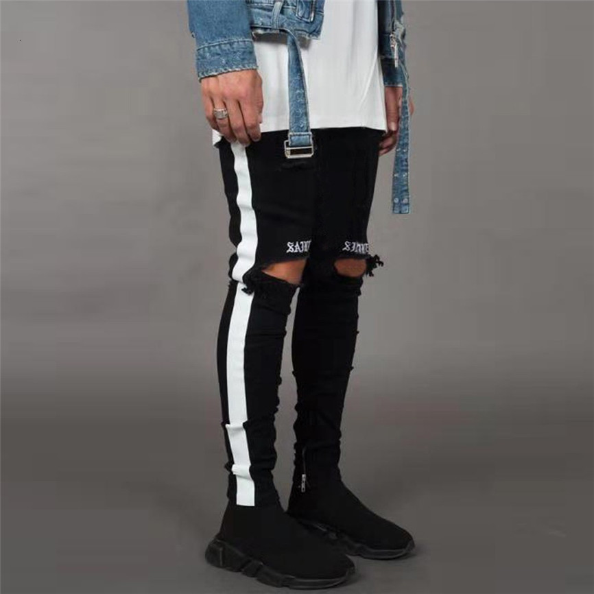 

2021 New Ripped Men' Streetwear Denim Embroidery Cotton Straight Hole Pocket Trouser Distressed Jeans Pencil Pant Trousers Qqfy, Black