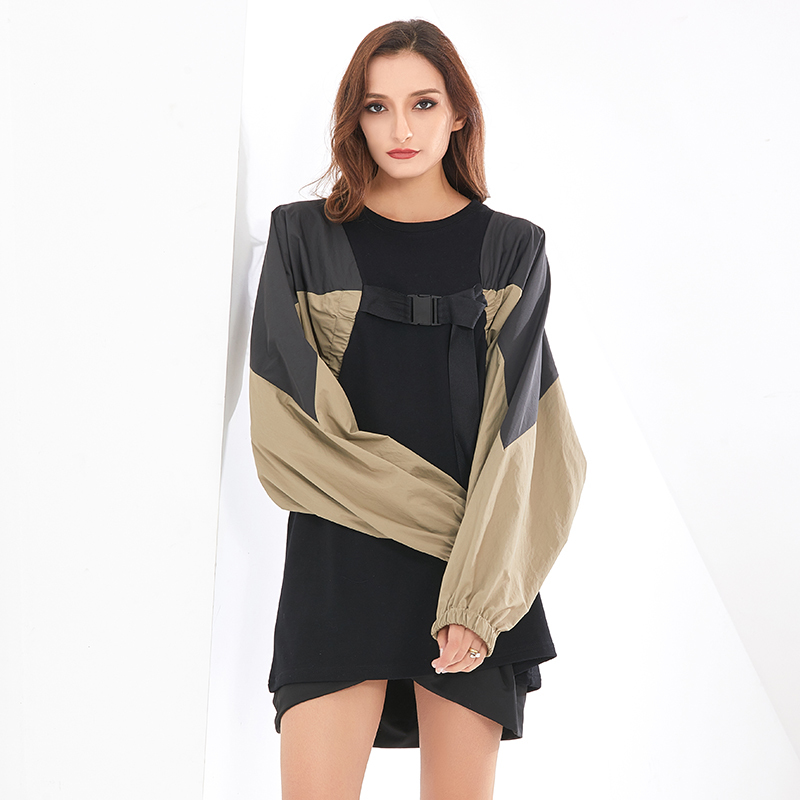 

Patchwork Sweatshirt For Women O Neck Batwing Long Sleeve Hit Color Bandage Casual Loose Pullovers Female 2021 Fall, Black