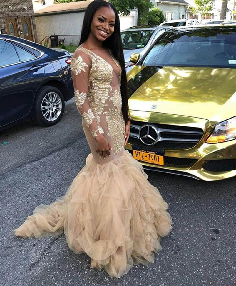 Scoop Neck Long Sleeves Lace Mermaid Prom Dresses Appliqued Sweep Traom Tulle Backless Formal Evening Gowns-image-708022299