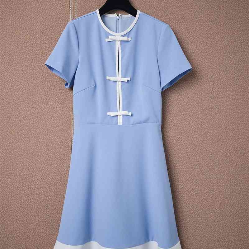 

Truevoker Summer Runway Fashion Dres's Short Sleeve Elegant Sky Blue Bow Brief Hepburn Vestidos Lady Chic Robe 210602