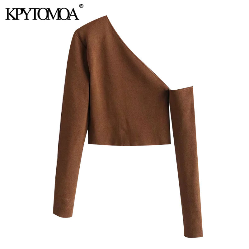 

kpytomoa women 2021 fashion hollow out cropped knitted sweater vintage asymmetric neck long sleeve female pullovers chic, Black