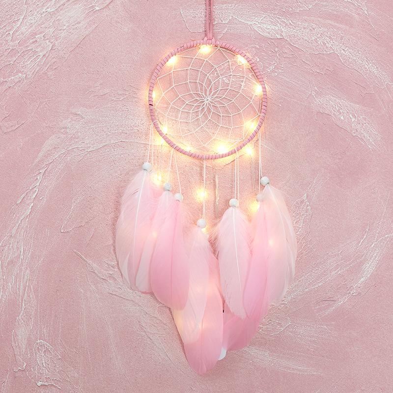 

Dream Catcher Handmade Feathers Ornament Wall Car Hanging Decor with String Light