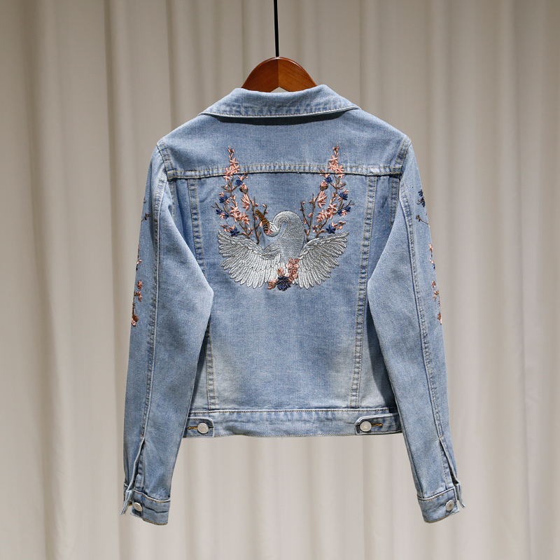 

2021 New Heavy embroidery denim female long-sleeved Korean of the slim slimming short embroidered jacket 5LI4, Dark blue