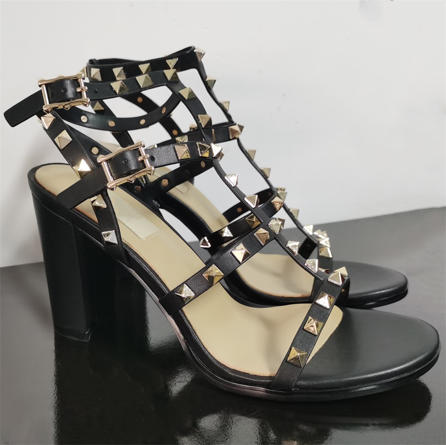 

Women Rockstud Sandal Rivets Ankle Strap High Heels Sandals Calfskin Leather Shoes Rubber Bottom Adjustable Straps 6.5CM 9.5cm with box, Black