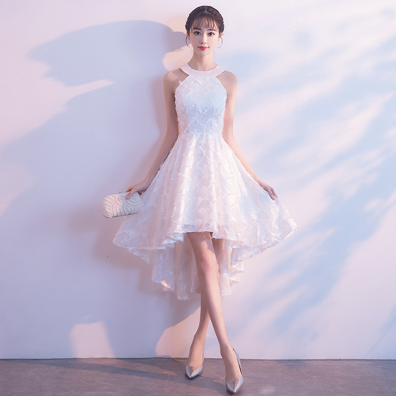 

Office Lady Elegant Feather Trim Formal Party Dress White O-neck Sleeveless Banquet Gown Exquisite Short Front Long Dresses 7xuo