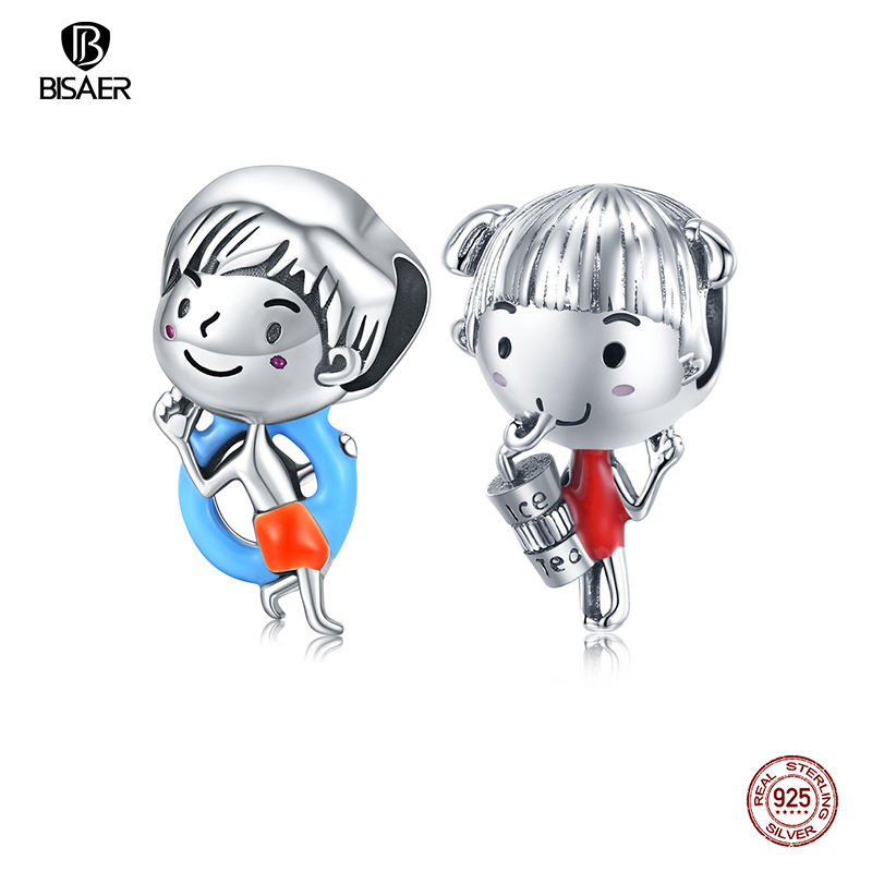 

BISAER Seaside Boy & Girl Beads 925 Sterling Silver Enamel Charms Pendant Fit Bracelet Necklace Friendship Jewelry Gift ECC1526 Q0531
