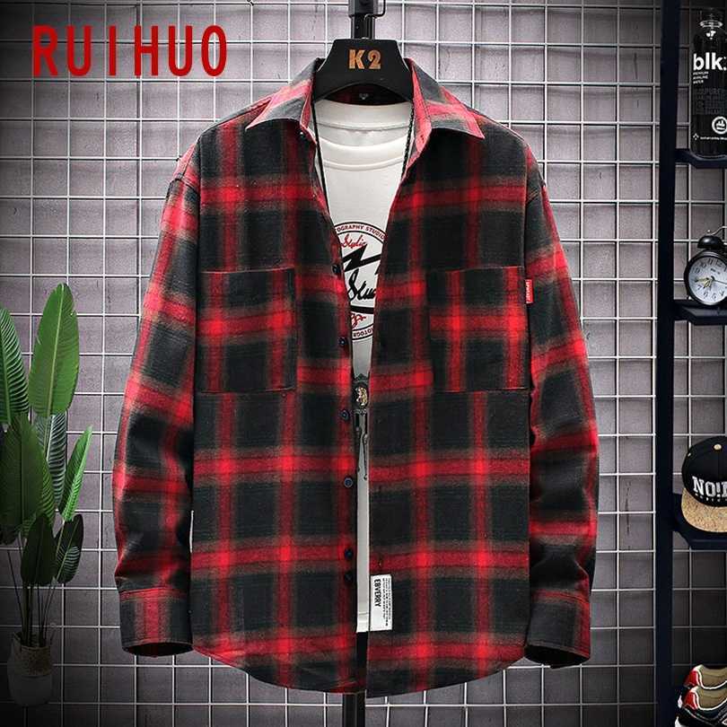 

RUIHUO Plaid Shirts For Men Clothing Fashion Long Sleeve Harajuku Vintage Clothes 210721, Black plaid