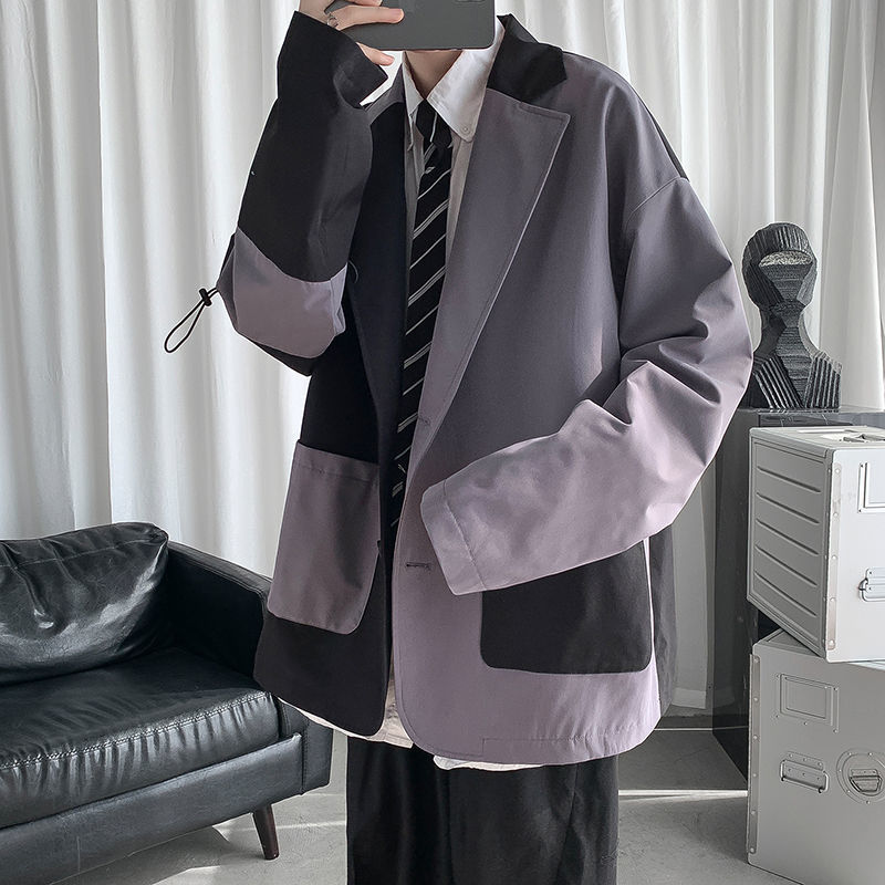 

2021 New Spring Blazer Men's Fashion Contrast Color Retro Business Casual Suit Men Streetwear Jacket Mens -3xl Ks3i, Gray