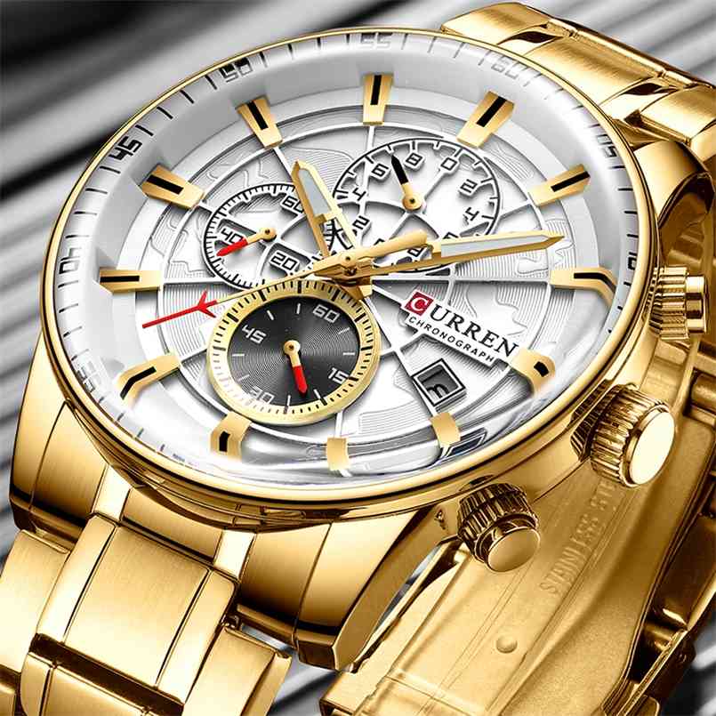 

Curren Mens Watches Top Brand Luxury Chronograph Golden Watch Men Waterproof Male Gold Stainless Relogio Masculino 210707, White-black