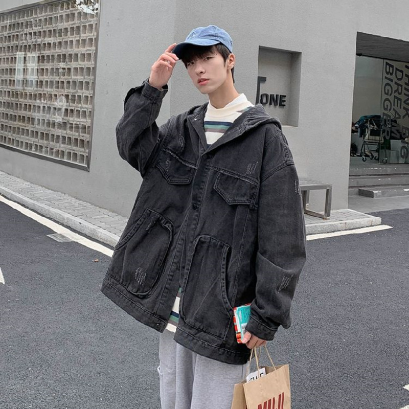 

2021 New Hooded Men's Fashion Retro Casual Multi-pocket Denim Jackets Mens Streetwear Hip-hop Bomber Jacket Men Fmyi, Blue
