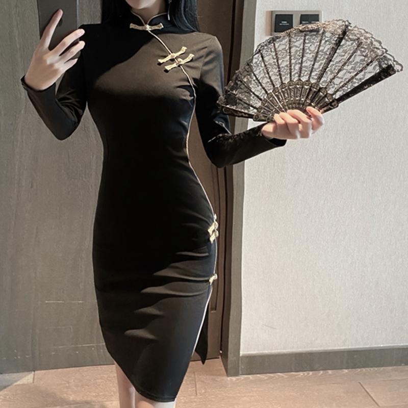 

Retro Women Bodycon Solid Cheongsam Midi Dress Ladies Sexy Slim Evening Dresses Female Lace Long Sleeve Stripper Wrap Hip Dress, Black