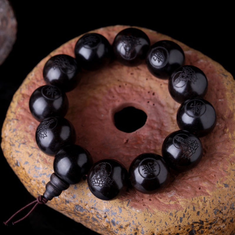 

Natural Ebony 15mm 20mm Beads Buddhist Prayer Bracelets Great Sculpture Buddha Bracelet Men Women Meditation Jewelry, Golden;silver