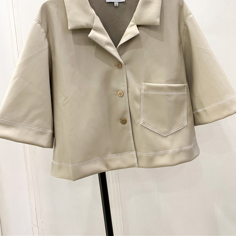 

2021 New Moda Feminina De Couro Curto Blusa Turn Down Collar Single-breasted Senhora Ol Camisa Feminino Escritrio Wear Bolso Superior Novo T, Black