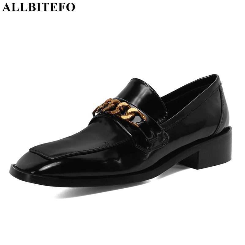 

ALLBITEFO gold chain genuine leather thick heels office ladies shoes square toe brand high heels woemn shoes women heels 210611, As picture