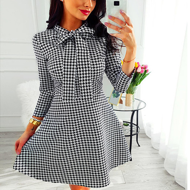 

2021 New A-line Long Sleeve Crewneck Casual Elegant Ladies Autumn Boho Floral Print Bowknot Zkqg, Black