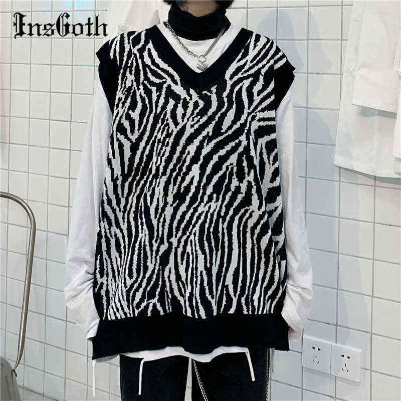

InsGoth Streetwear Zebra Print Sweater Vest Harajuku Punk V Neck Oversized Pullovers Goth Grunge Autume Winter Women Tops Y1110, Black
