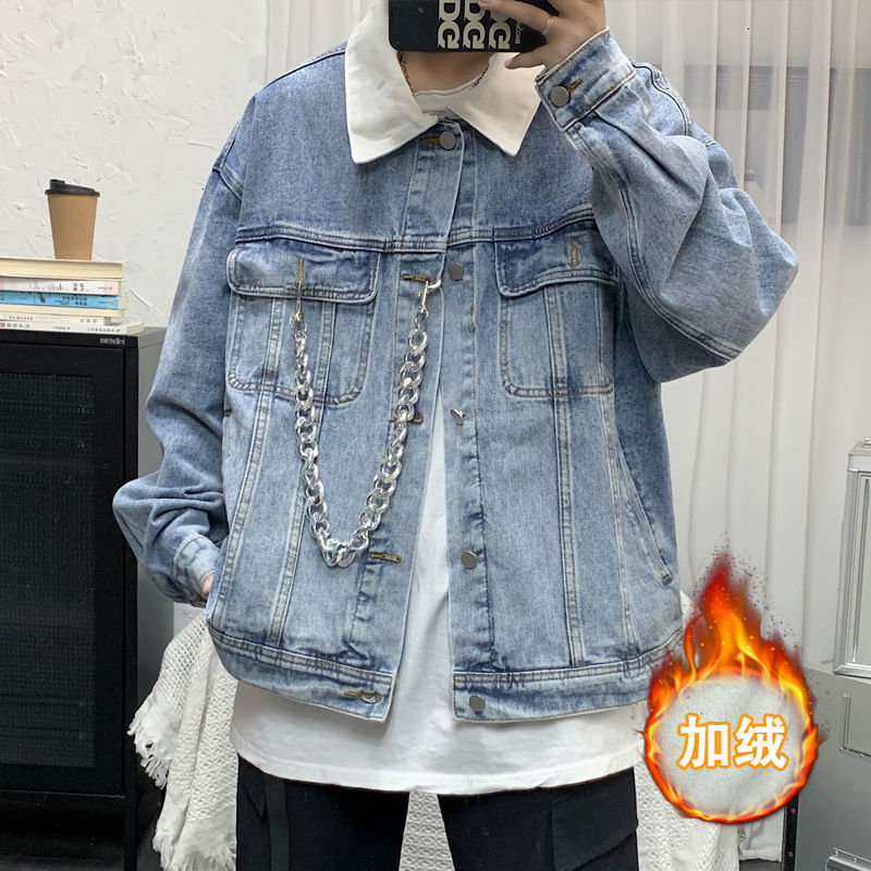 

2021 New Winter Thick Chain Men's Warmth Fashion Lamb Fur Denim Jacket Men Streetwear Short Coat Mens Clothes Xcku, Blue