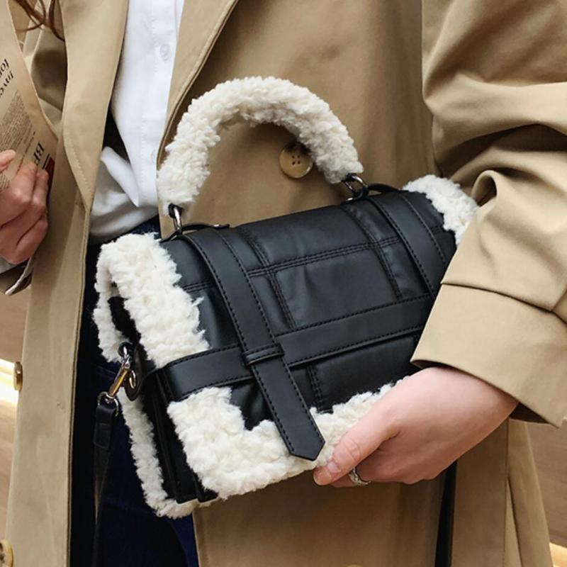 

Vintage Plush Tote bag 2021 Winter New High-quality PU Leather Women's Designer Handbag High capacity Shoulder Messenger Bag, Black