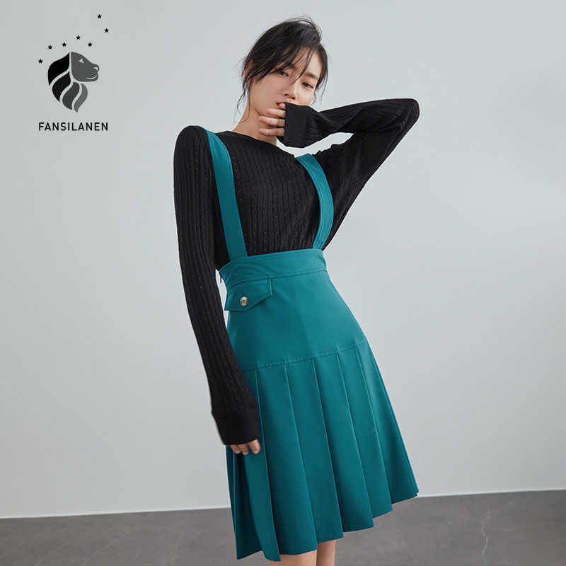 

FANSILANEN Sexy strap high waist pleated skirt Women summer black mini suspender Female spring blue vintage a-line 210607, Lake blue