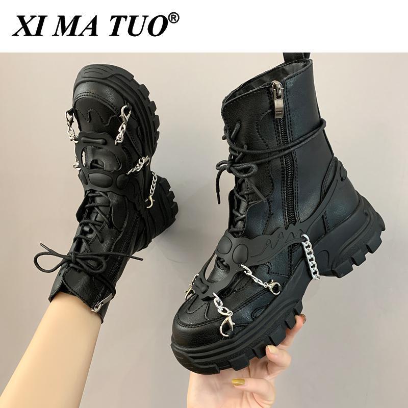 

Boots 2021 Leather Womens Ladies Ankle Mid Heel Lace Up Worker Army Black Goth Shoes Autumn Sexy Chain High Quality