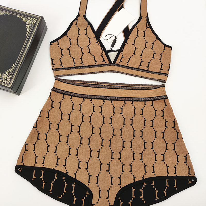 

Vintage Letter Jacquard Swimwear Fashion Casual Knitted Bikini Set High Waist Beach Swimsuit Two Piece, As pic