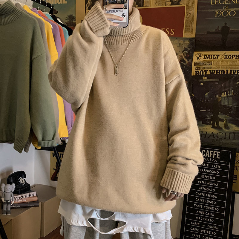 

2021 New Winter Turtleneck Sweater Men's Warm Fashion Solid Color Casual Knit Pullover Men Loose Korean Knitting Sweaters Mens Clothes T6cz, Black
