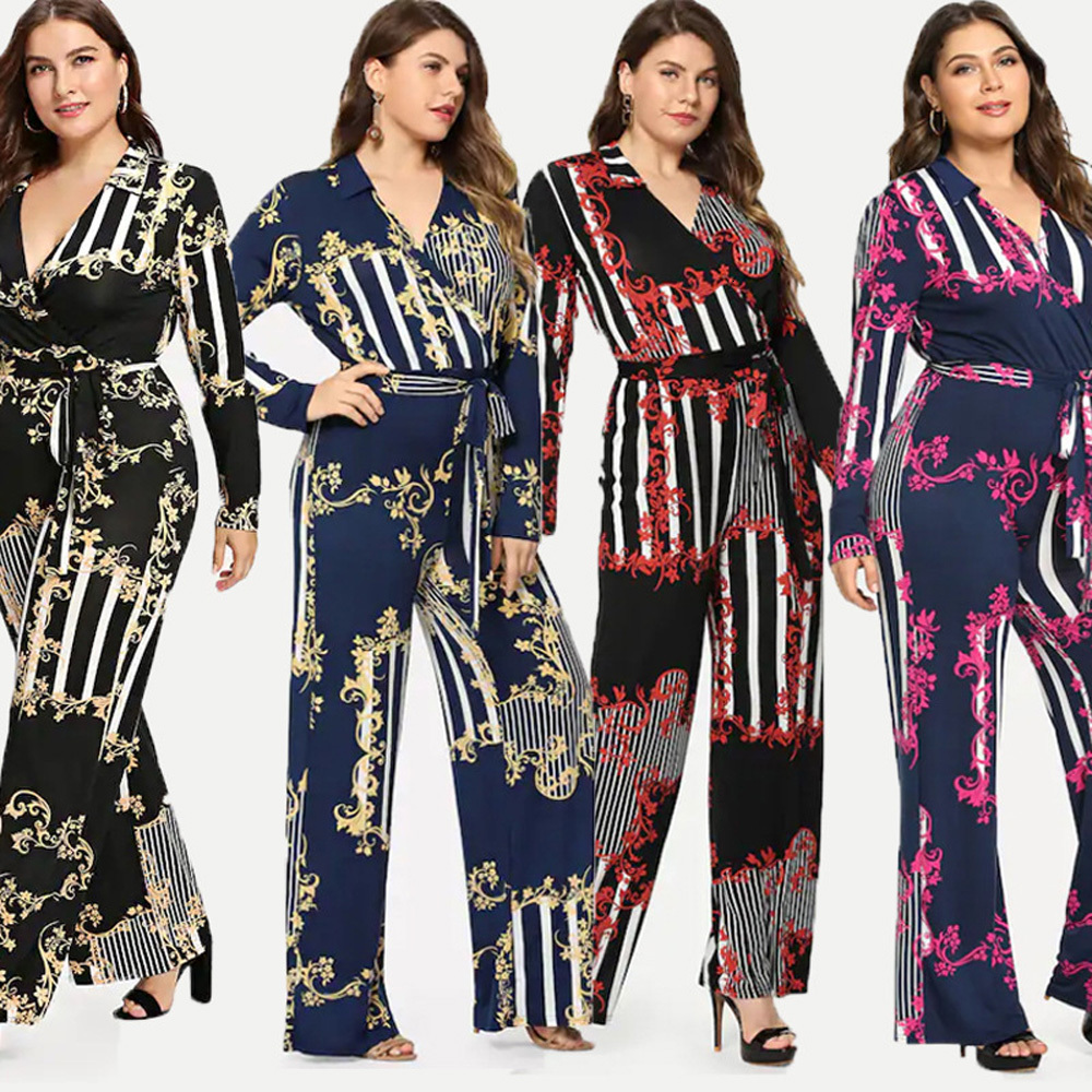 2021 New 76462 Plus Big Size Women Boot Cut Pant s m l xl xxl 3xl Sexy Deep v Neck Printing Fat Jumpsuit Red Blue Black Office Lady Sgz8-image-660982263