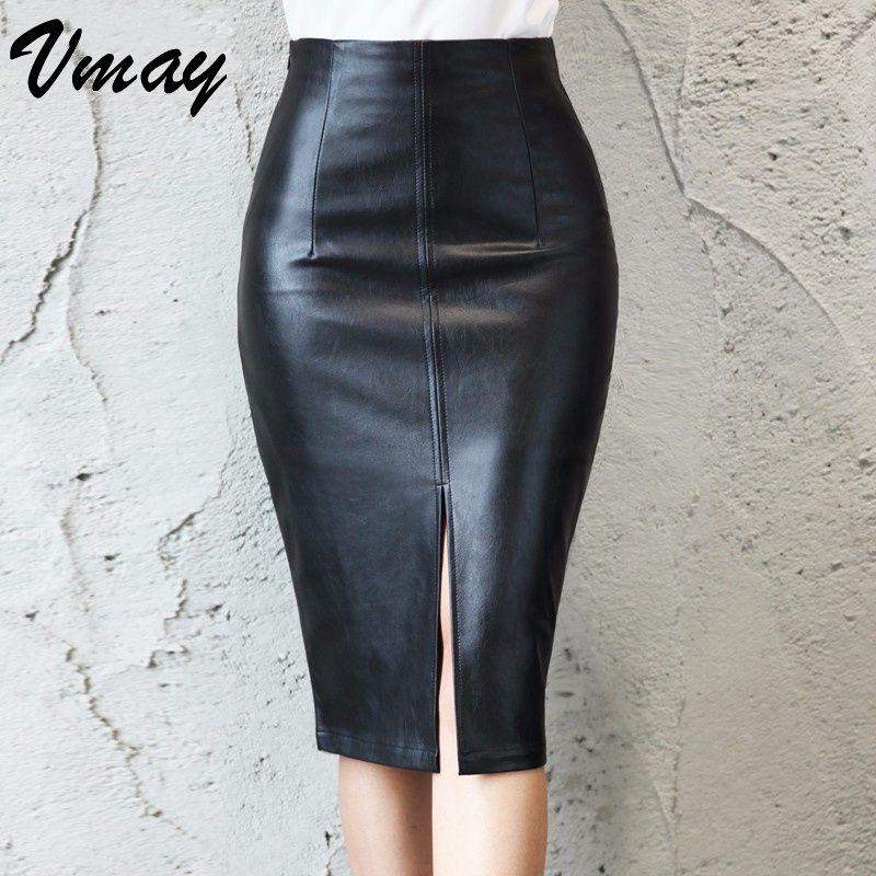

Skirts Vmay Fashion PU Faux Leather Midi Pencil Bodycon Women 2021 Ladies Sexy Tube Skirt Saia Femininas Plus Size B1609041, Black