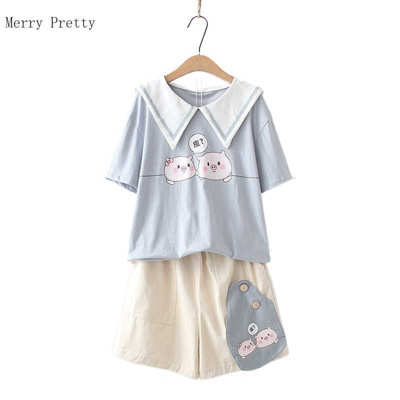 

Women Casual Short Sets Harakuju Hight Waist s and Sleeve Cotton T Shirts Summer Sweet Style 2 Piece Set Clothes 210526, Tops