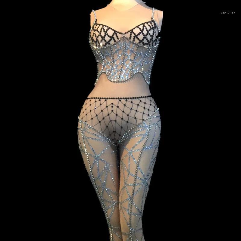 

Party Decoration Sparkly Rhinestones Jumpsuit Women Tight Dance Costume See Through Elastic Mesh Sexy Club Outfits Designer Clothes Performa