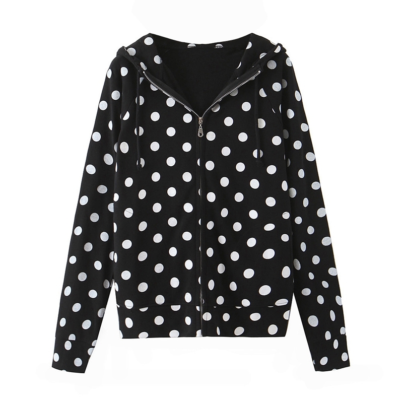

Women Sweatshirt and Hoody Ladies Hooded Autumn Hoodies Polka Print Zipper Jacket Street Wear Hoodie XZ2477 210525, Black