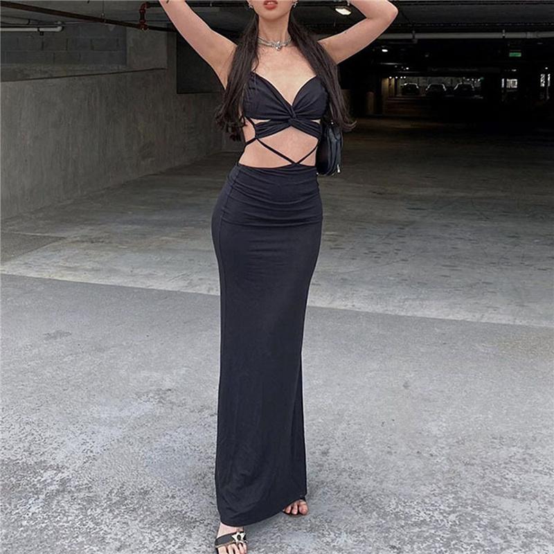 

Casual Dresses Women Solid Color Sleevelesss Summer Long Dress Party Nightclub Lacing Straps V-Neck Backless Hollow Halter Rose Red/Black