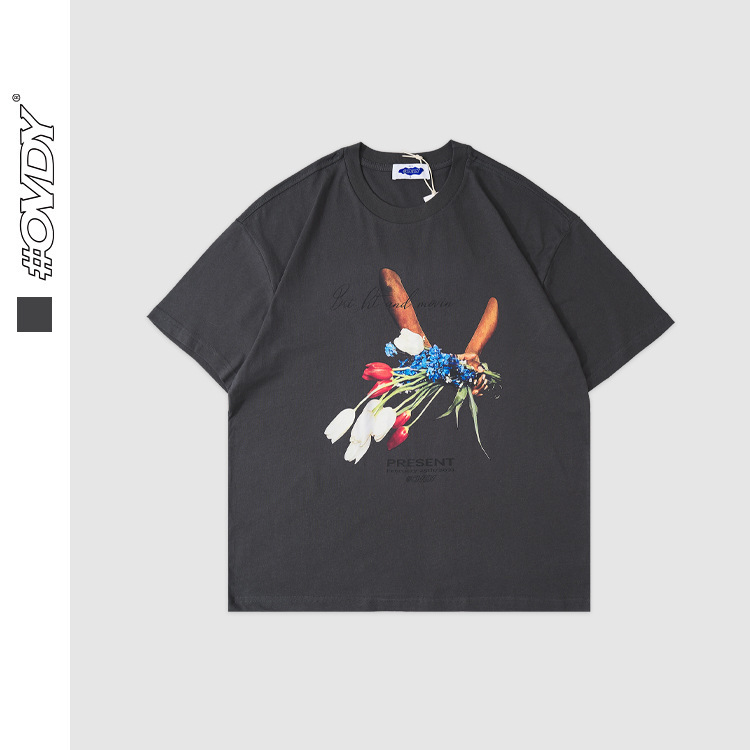 

wxwovdy men's 2021 spring and summer new personality fun street trend tulip bouquet printing loose short sve t-shirt, White;black