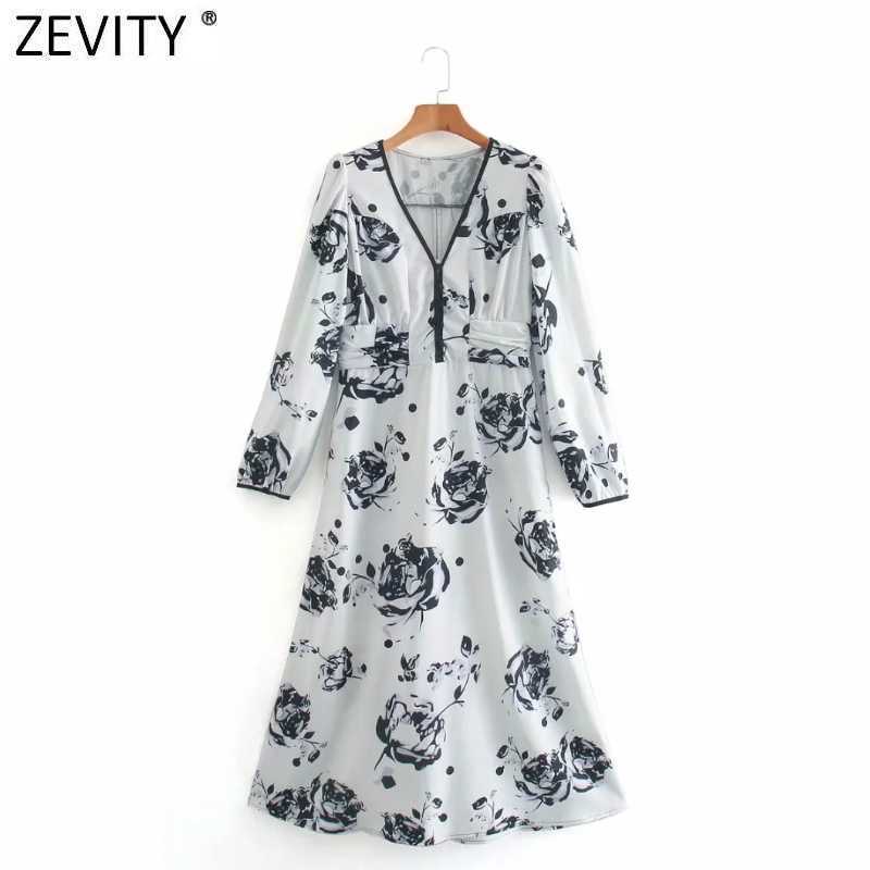 

Zevity Women Vintage Ink Flower Print Buckles Casual Slim Midi Dress Female Puff Sleeve A Line Vestido Chic Shirt Dresses DS5086 210603, As pic ds5086ld