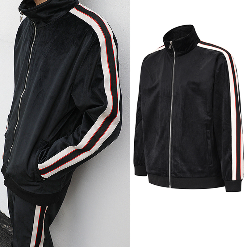 

2021 New Lado Listrado Alta Rua Homens e Mulheres Retro Casual Moletom Jaqueta Oversize Solto Suporte De Veludo Bombardeiro Jaquetas E7ly, Black